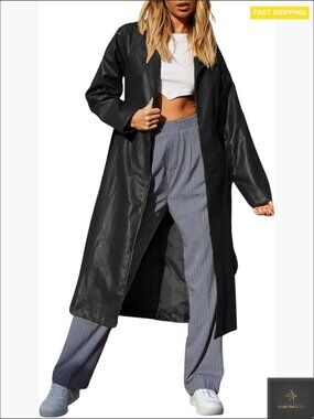 Faux Leather Trench Coat Belted Elegant Casual Long Coat Vintage Chic Style